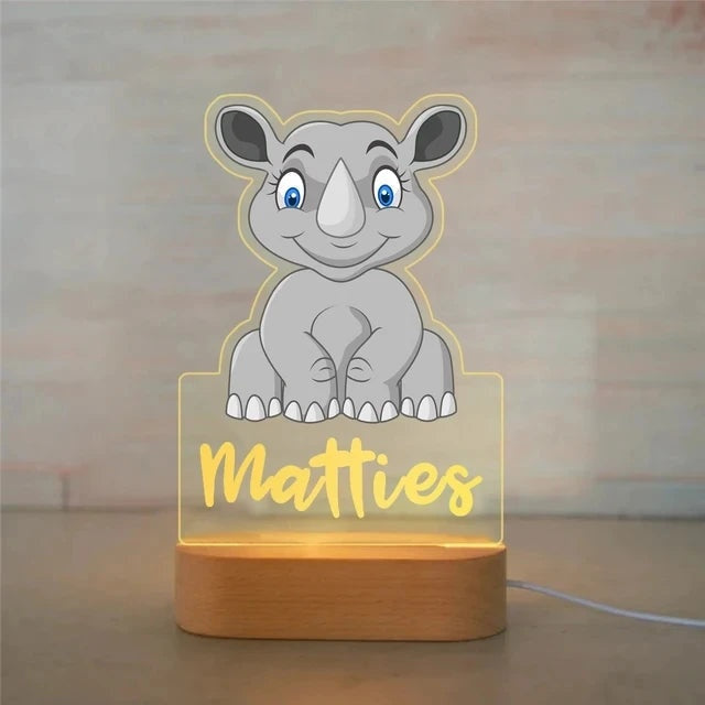 Veilleuse animaux de la savane personnalisée, motif Rhinocéros avec prénom personnalisé