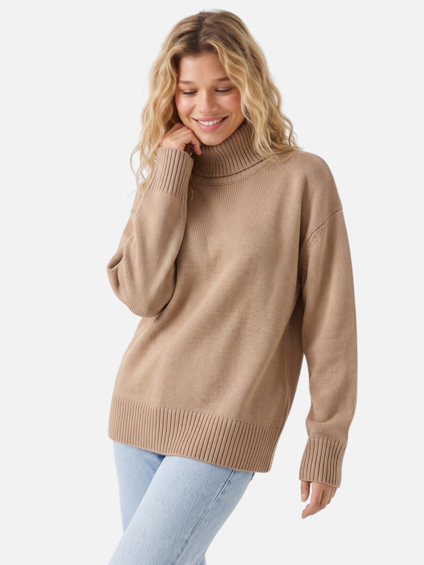 Pull col roulé oversize femme, coloris Kaki