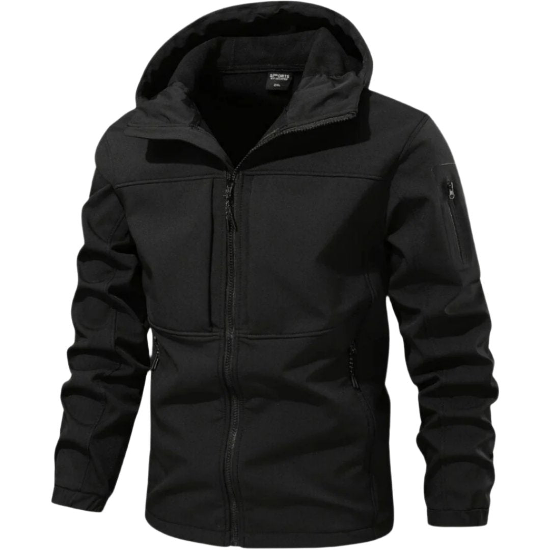 veste softshell noire homme, vue de face avec capuche