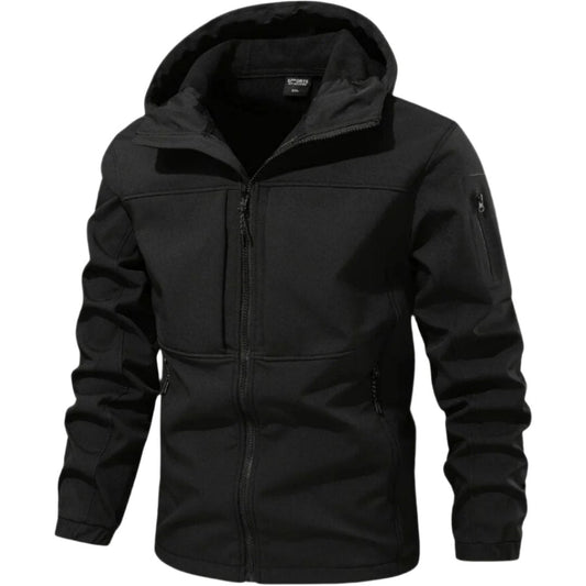 veste softshell noire homme, vue de face avec capuche