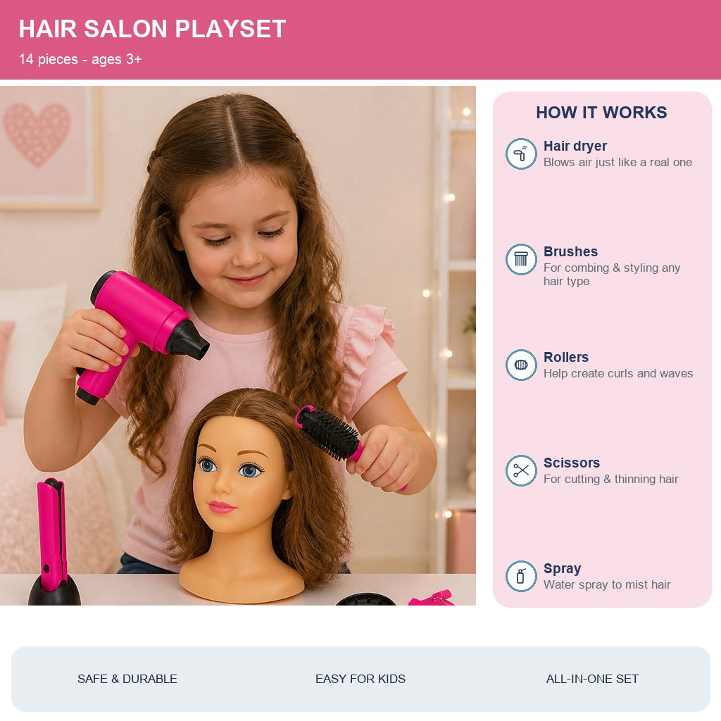 Enfant jouant avec le coffret salon de coiffure, utilisant les outils pour coiffer une poupée