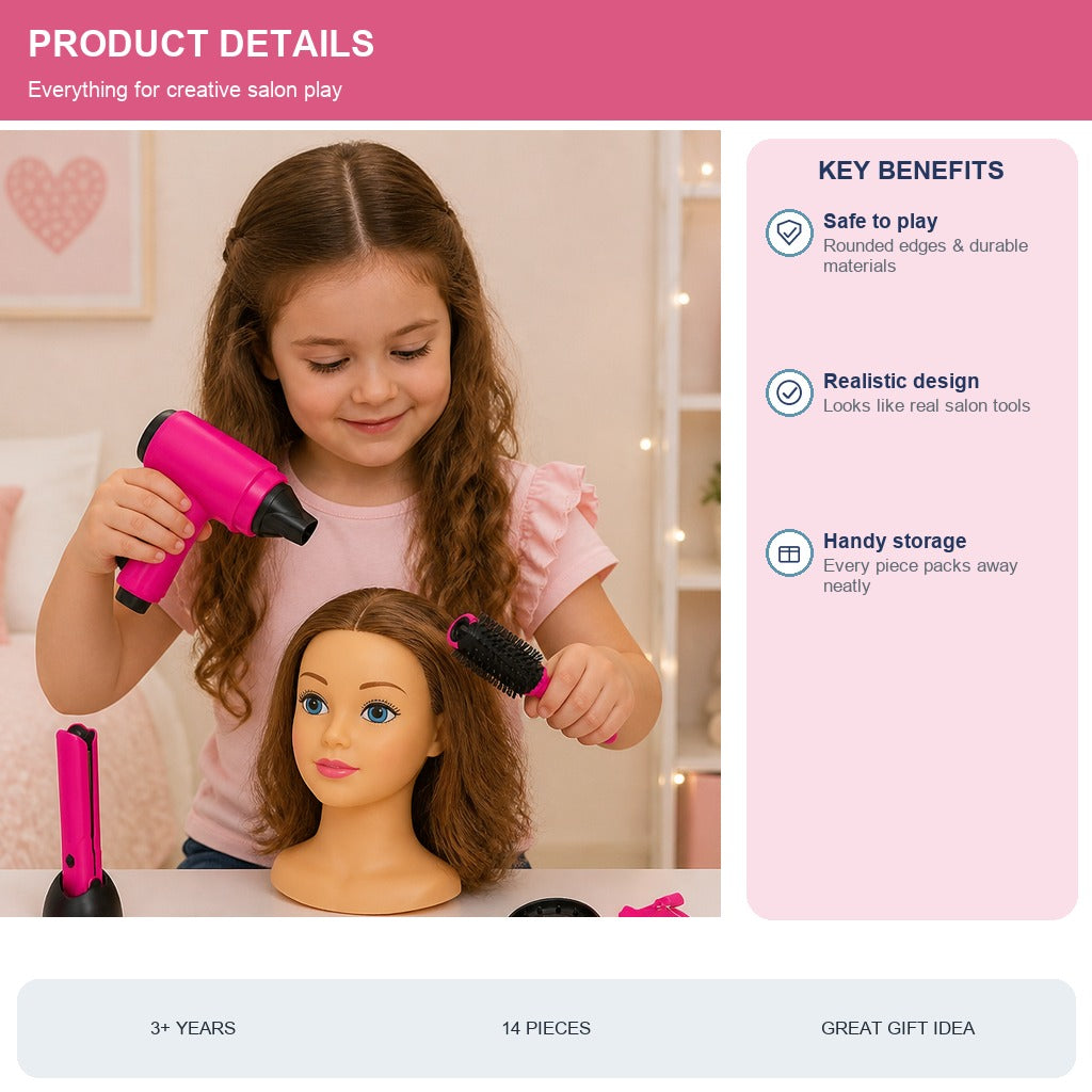 Détail des outils de coiffure inclus dans le coffret salon de coiffure enfant, ciseaux, sèche-cheveux et peignes factices