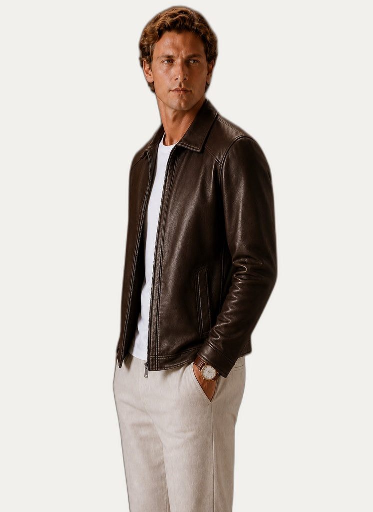 Veste en cuir look classique, détail de la fermeture éclair