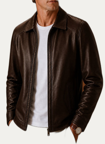 Veste en cuir look classique, détail du col