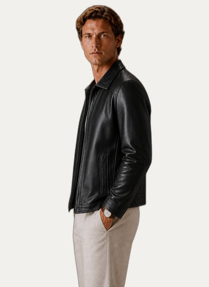 Veste en cuir look classique, détail des poches latérales