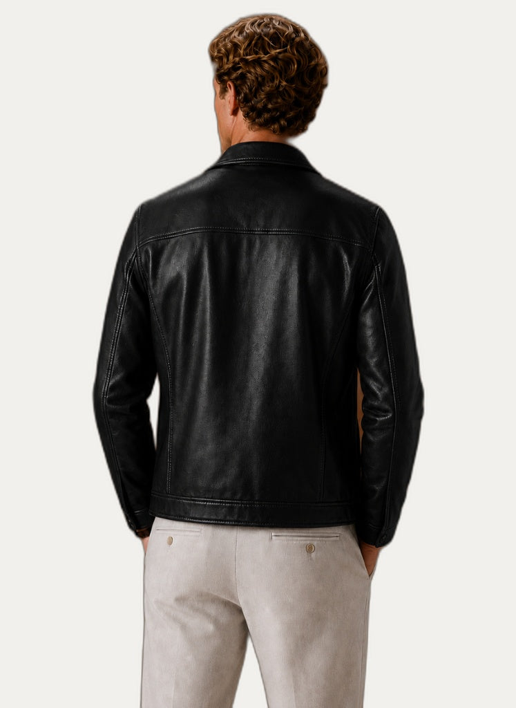Veste en cuir look classique portée, vue de profil
