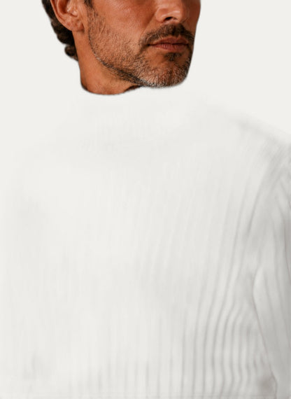 Pullover col rond homme, détail du tricot côtelé
