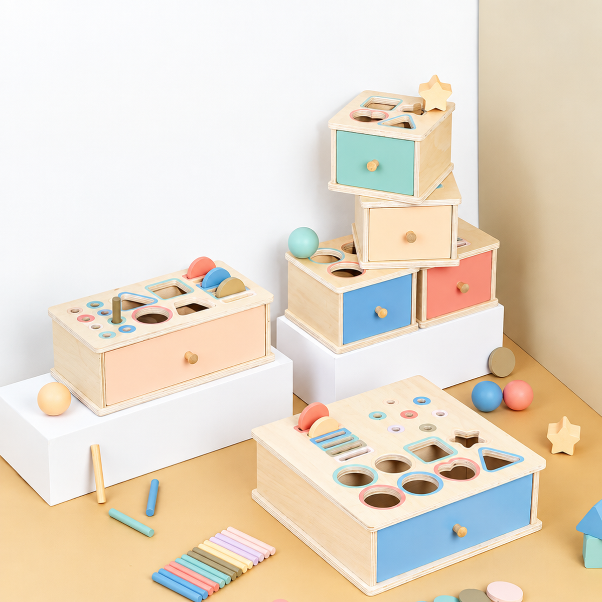 Boîte à trier en bois Montessori avec pièces à encastrer, vue d'ensemble