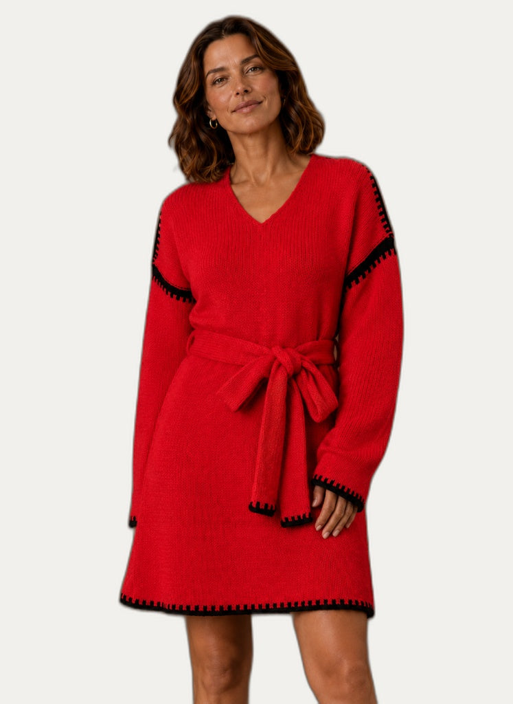 Robe en pulls femme, détail de la ceinture