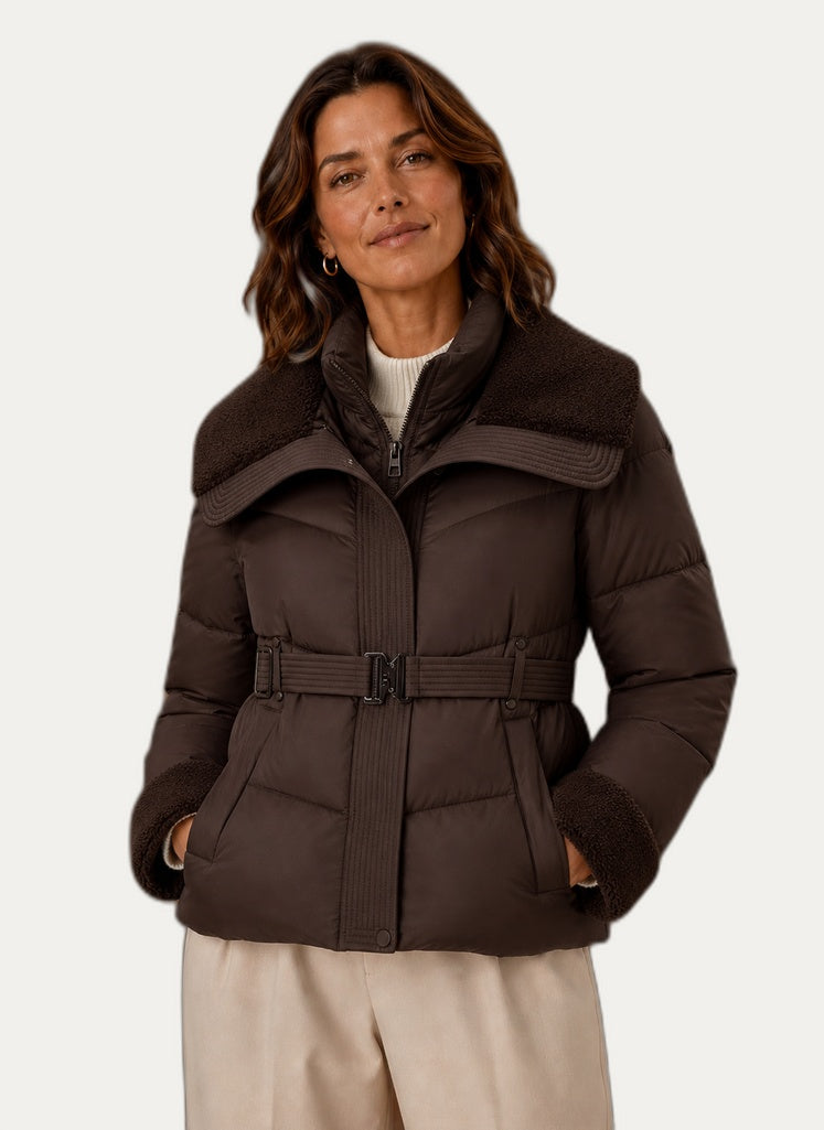 Veste hivernale femme avec ceinture, coloris marron chocolat