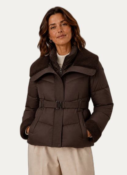 Veste hivernale femme avec ceinture, coloris marron chocolat