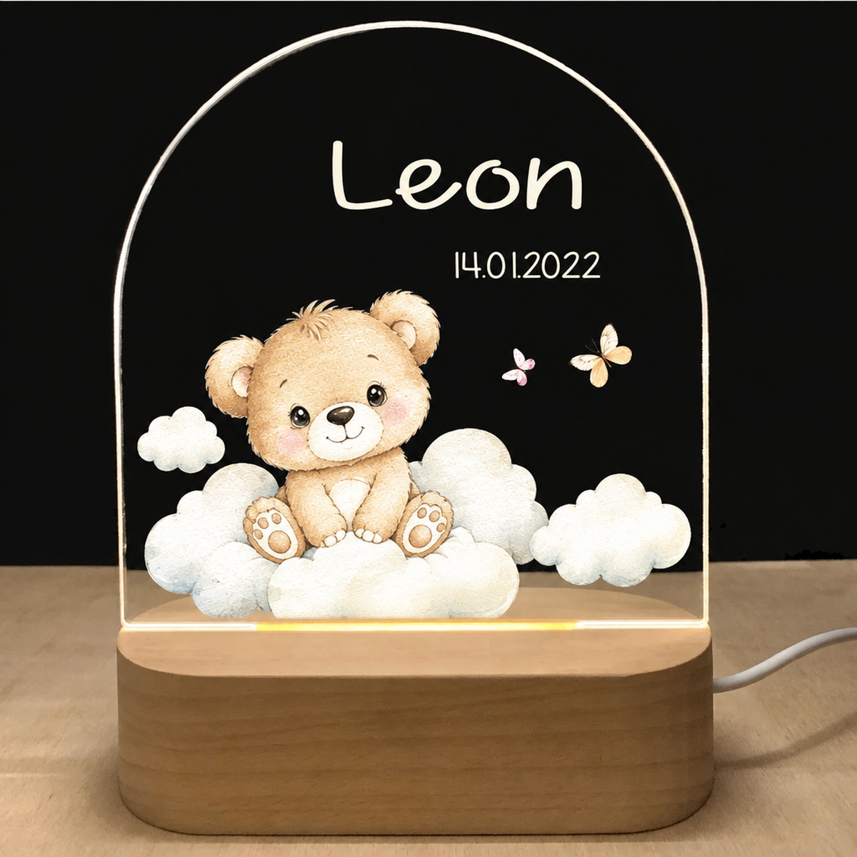 Veilleuse acrylique, motif petit ours endormi sur les nuages