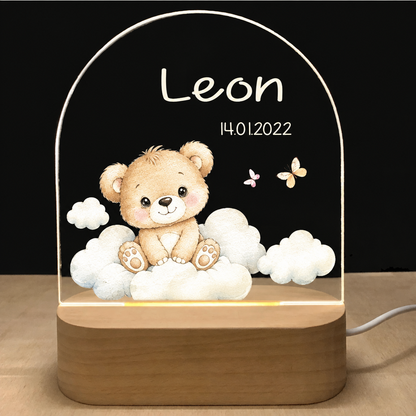 Veilleuse acrylique, motif petit ours endormi sur les nuages