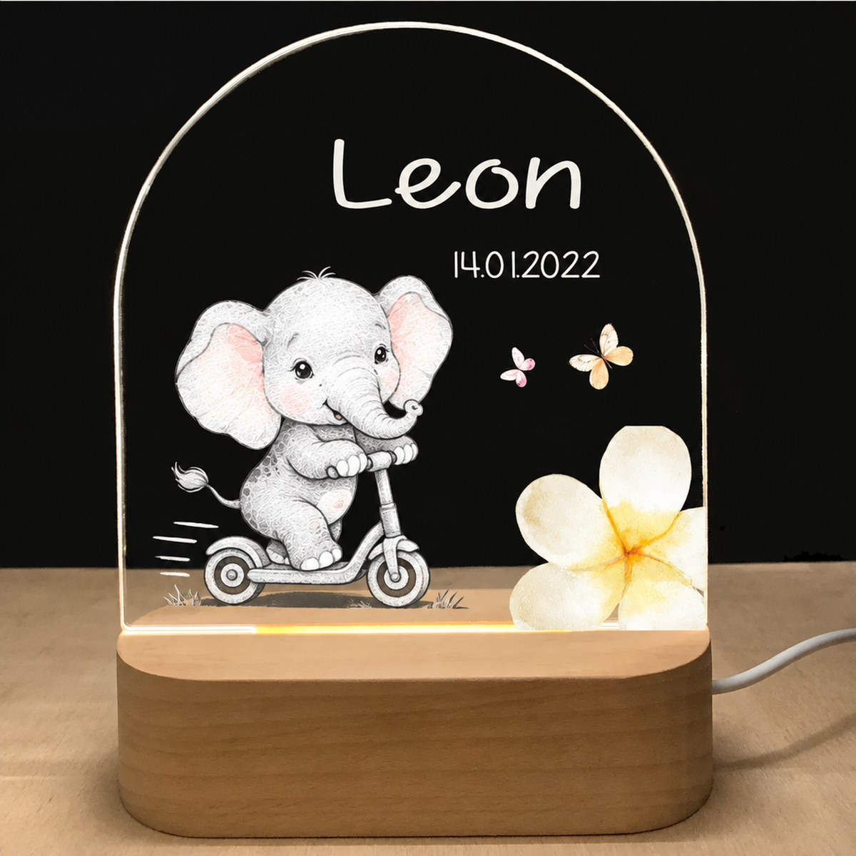 Veilleuse acrylique, motif éléphant en trottinette