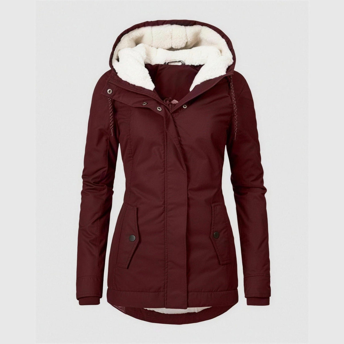 Manteau hiver femme bordeaux à capuche, vue de face, doublure polaire crème, cordon de serrage à la taille