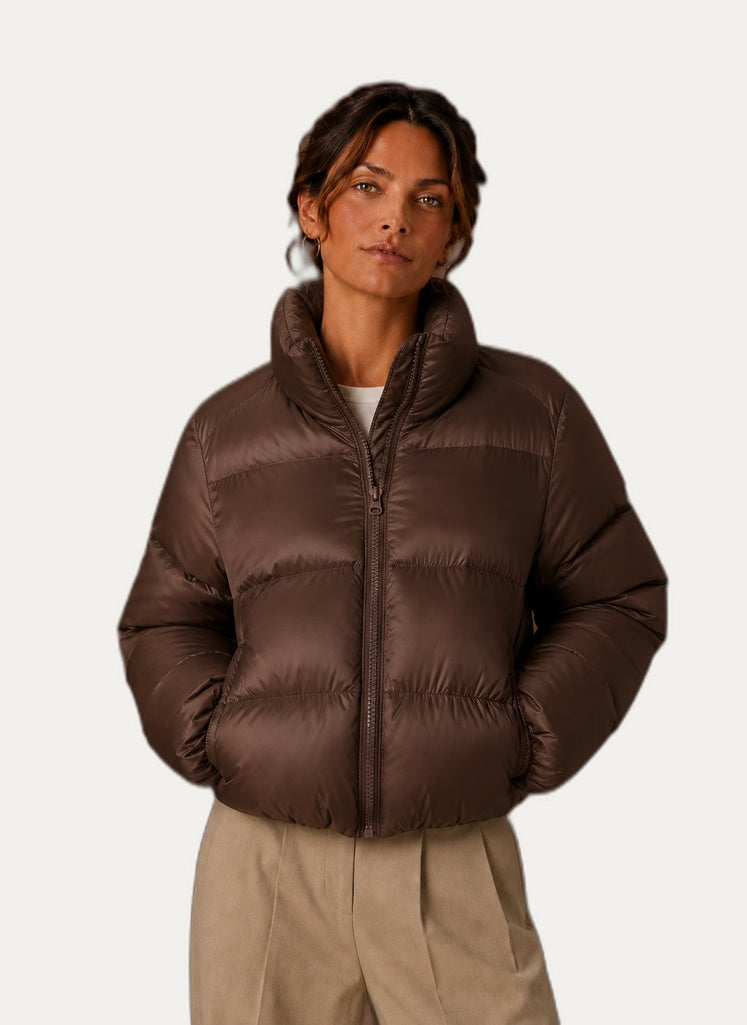 Veste hivernale matelassée femme coloris marron chocolat, vue de face