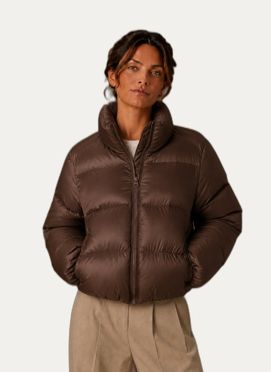 Veste hivernale matelassée femme coloris marron chocolat, vue de face
