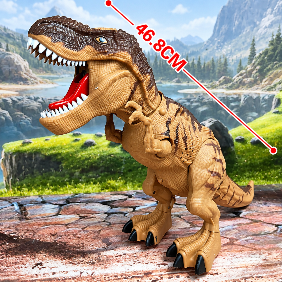 Dinosaure robot marcheur marron et beige en train de pondre un œuf factice