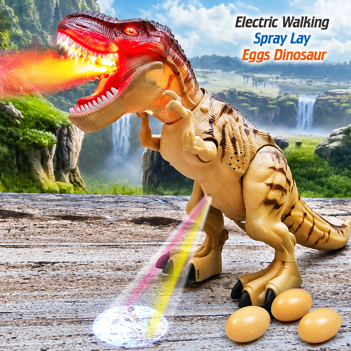 Dinosaure robot émettant une brume lumineuse animée par la gueule
