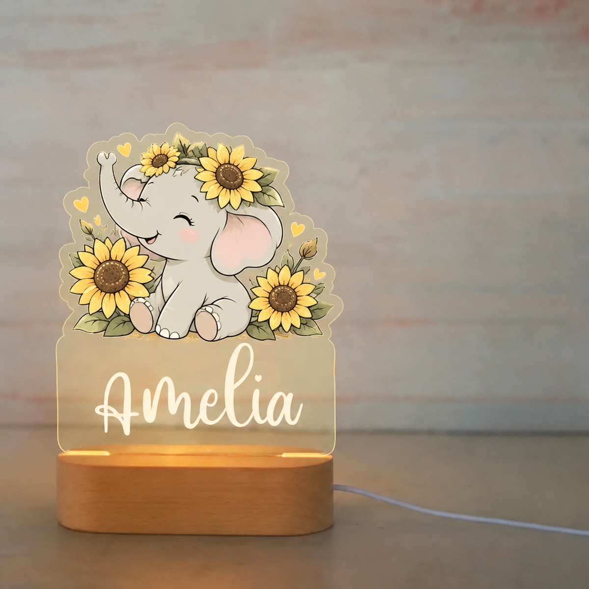 Veilleuse animal personnalisée, motif éléphant tournesols