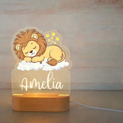 Veilleuse animal personnalisée, motif lion endormi sur les nuages