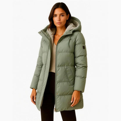 Doudoune femme longue à capuche, vue packshot face