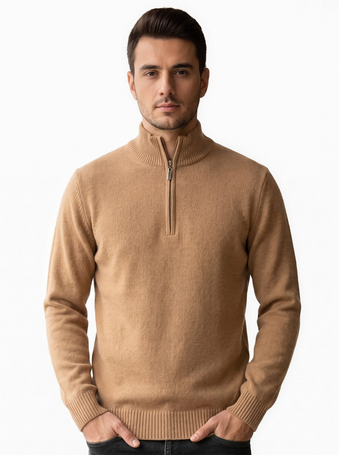 Pull homme demi-zip en laine mérinos - beige, vue de face