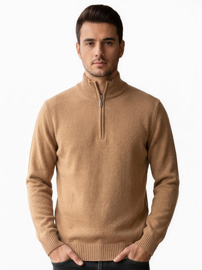 Pull homme demi-zip en laine mérinos - beige, vue de face