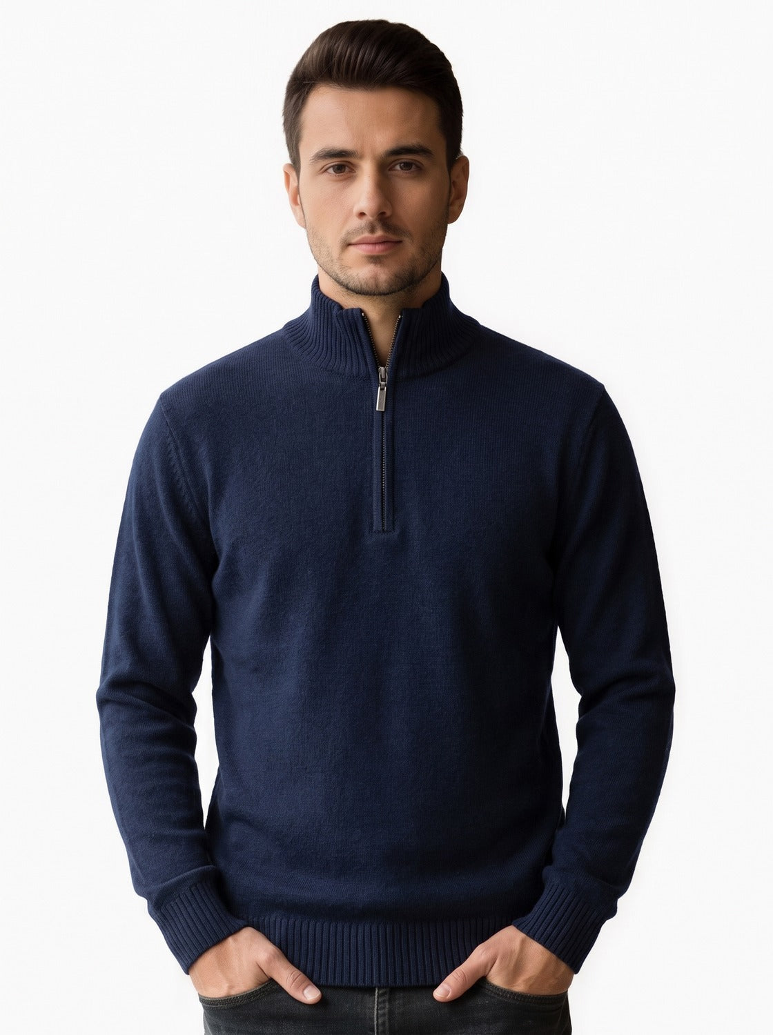 Pull homme demi-zip en laine mérinos - bleu marine, vue de face