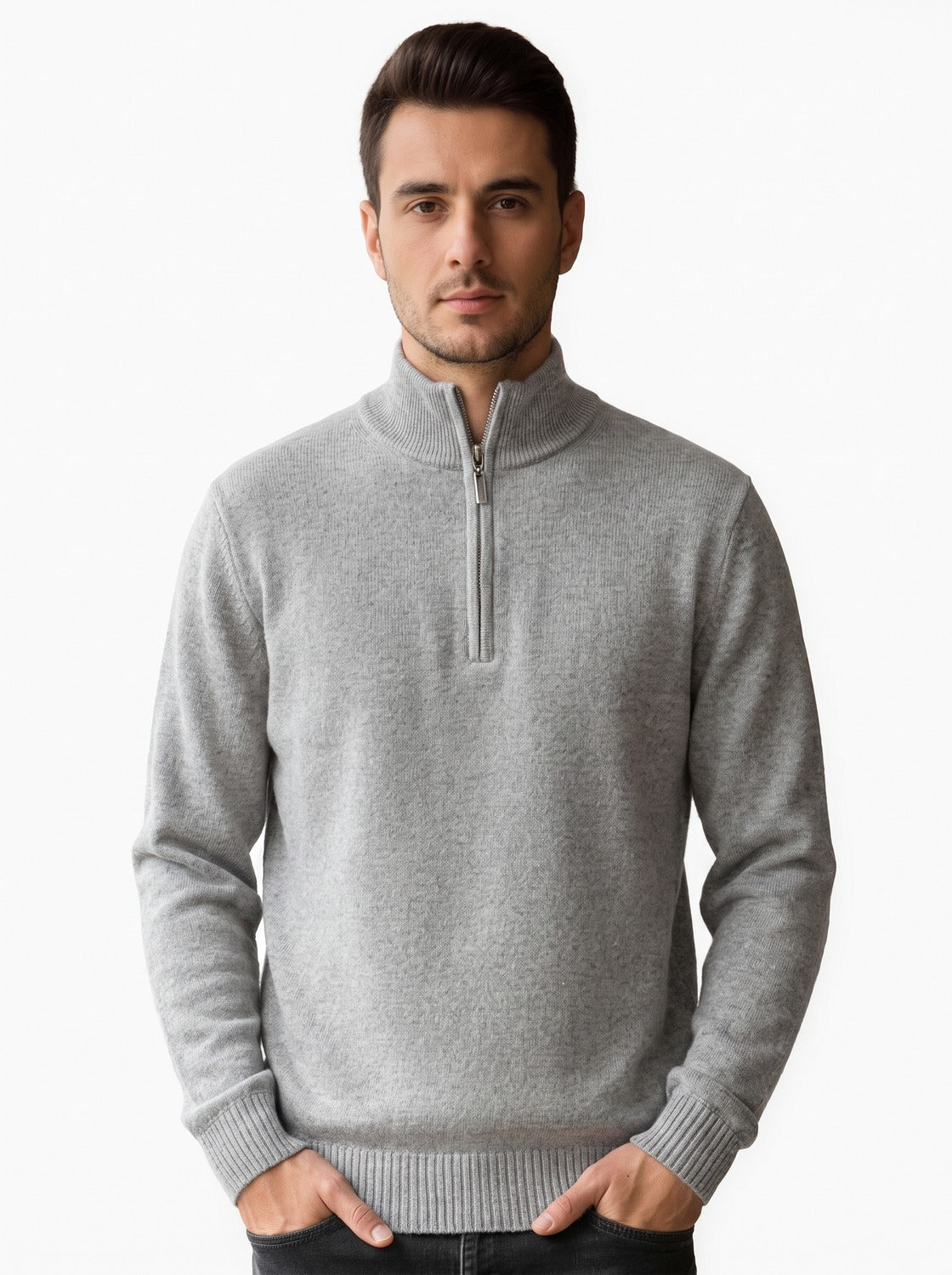 Pull homme demi-zip - gris clair, vue de face