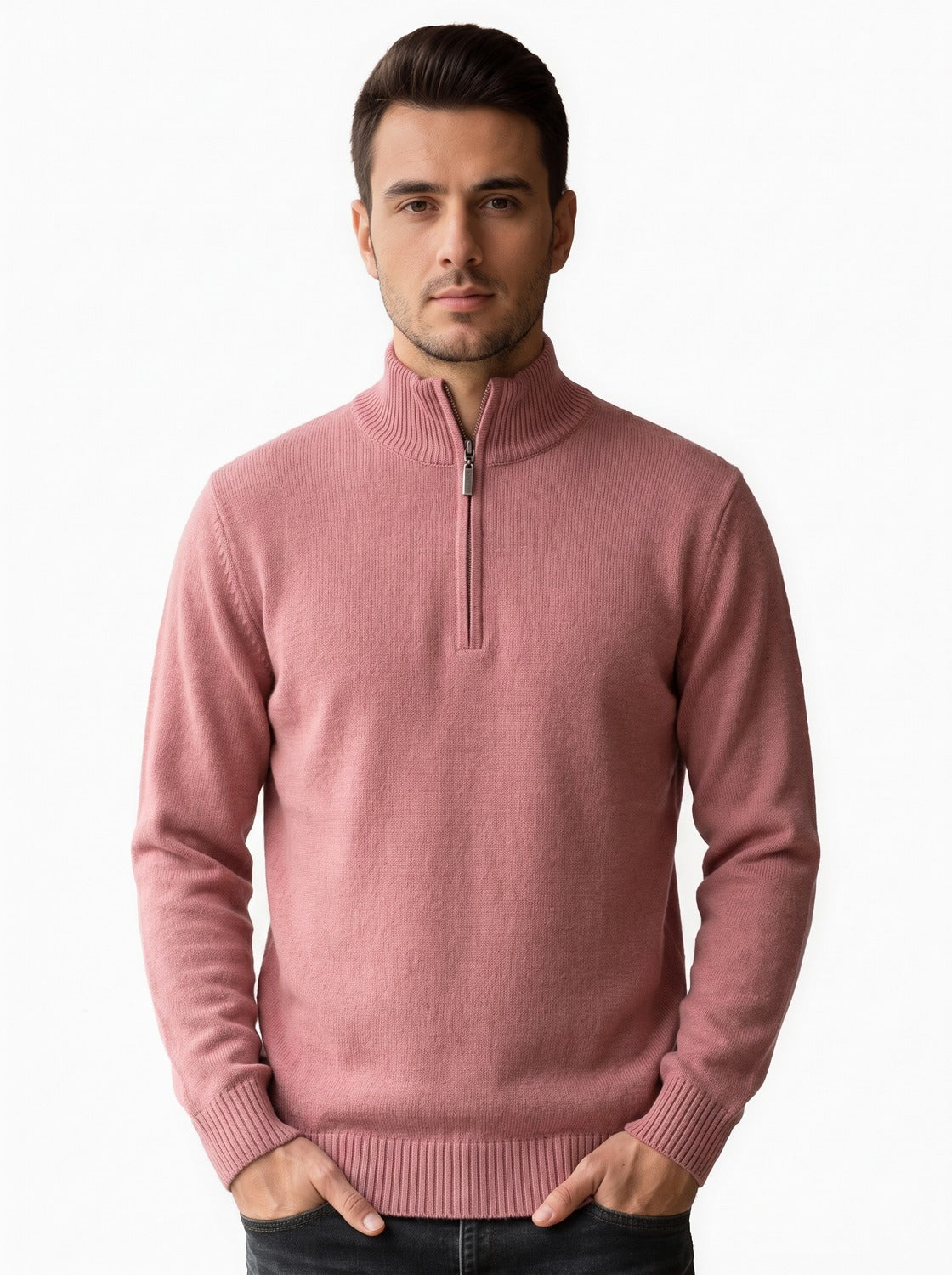 Pull homme demi-zip en laine mérinos - rose, vue de face