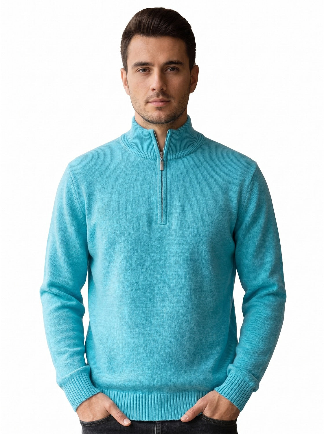 Pull homme demi-zip - turquoise, vue de face
