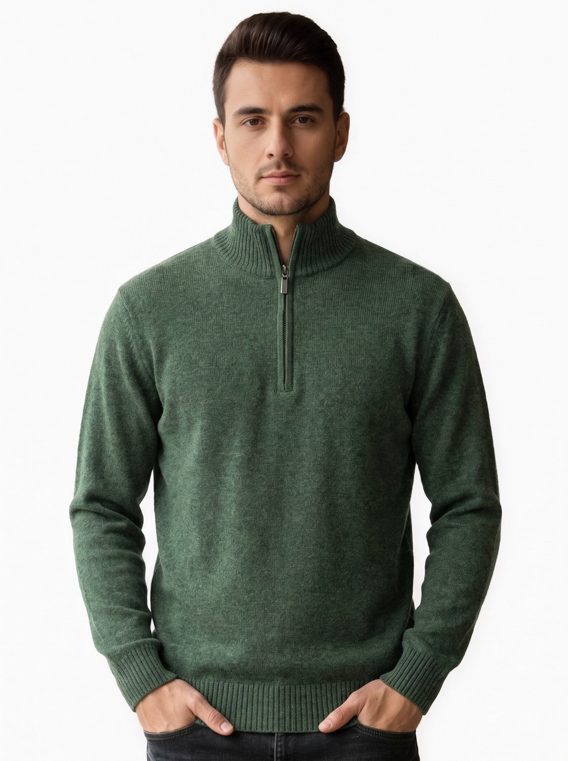 Pull homme demi-zip - vert, vue de face