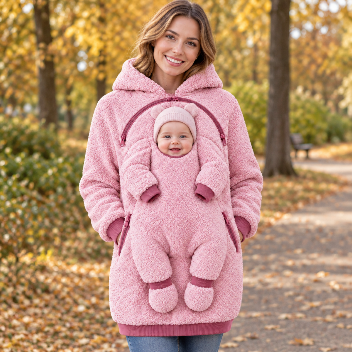 Maman portant le sweat de portage rose en polaire en extérieur avec bébé dans la poche avant