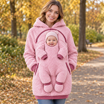 Maman portant le sweat de portage rose en polaire en extérieur avec bébé dans la poche avant