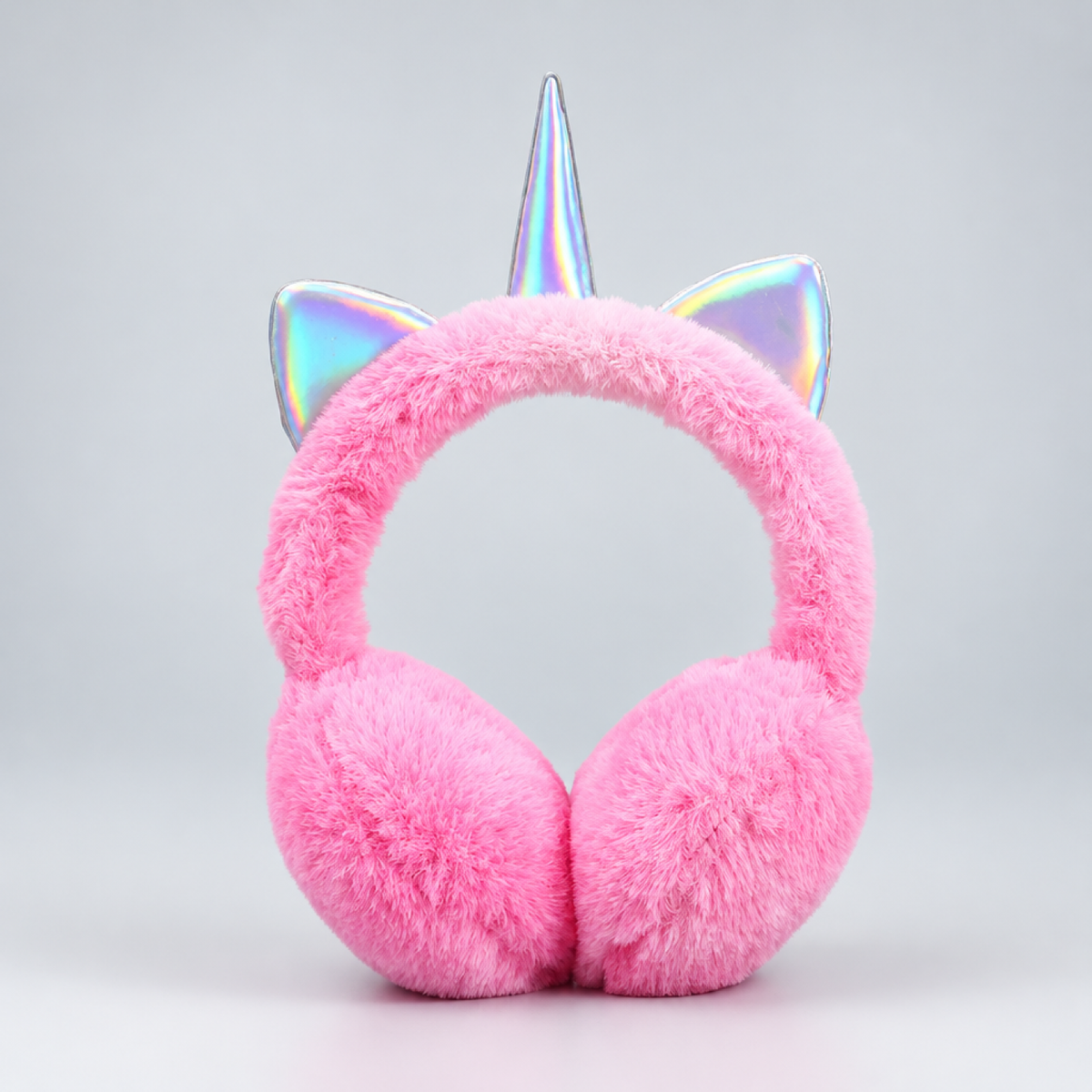 Cache-oreilles licorne en peluche rose pour enfant avec corne irisée, photo produit en studio