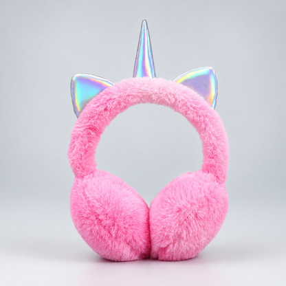 Cache-oreilles licorne en peluche rose pour enfant avec corne irisée, photo produit en studio