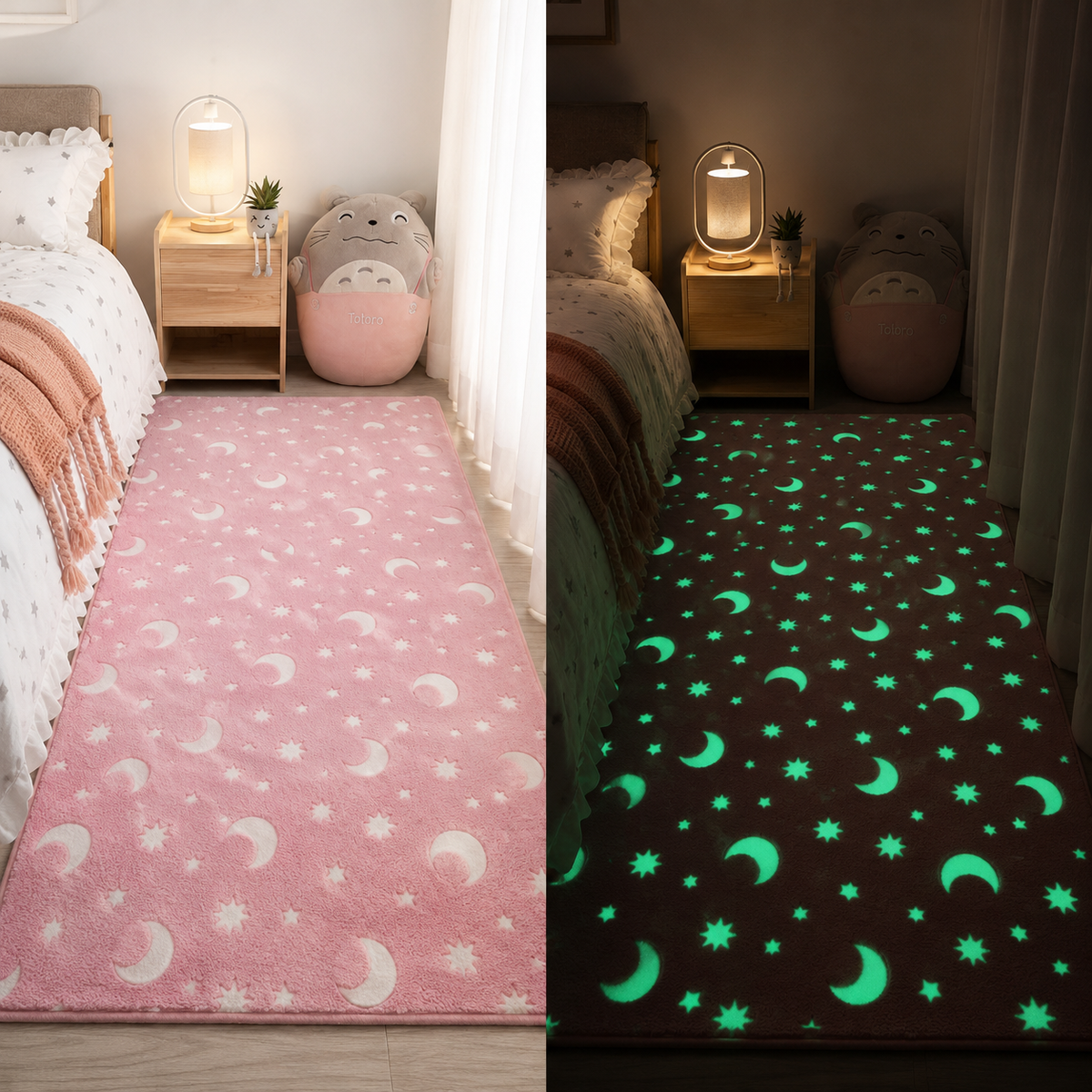 Tapis phosphorescent rose motif lune et étoiles