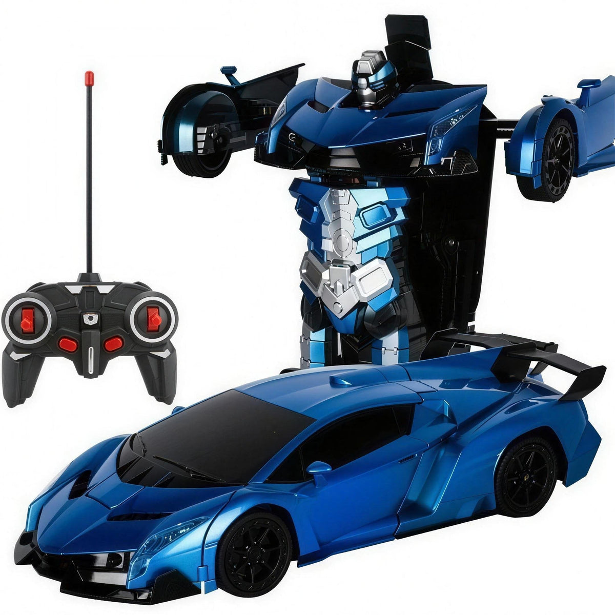 Voiture RC transformable, coloris bleu, en mode voiture