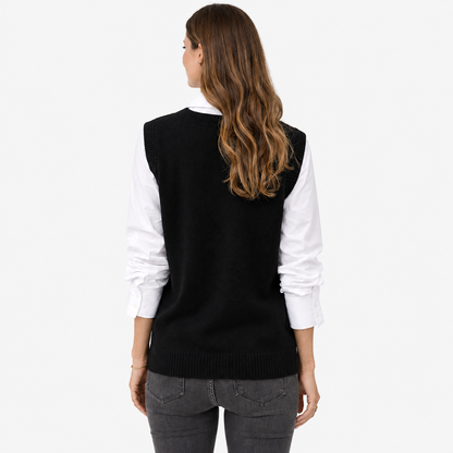 Pull sans manches noir – vue de dos, coupe ample et finitions côtelées