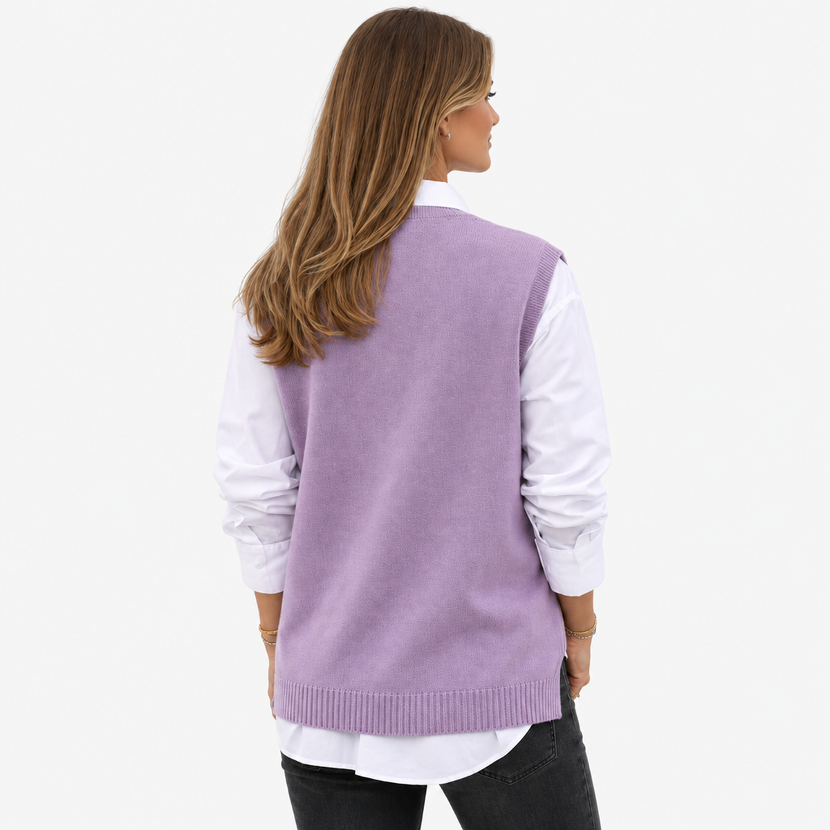 Pull sans manches violet lilas – vue de dos avec emmanchures et bas côtelés