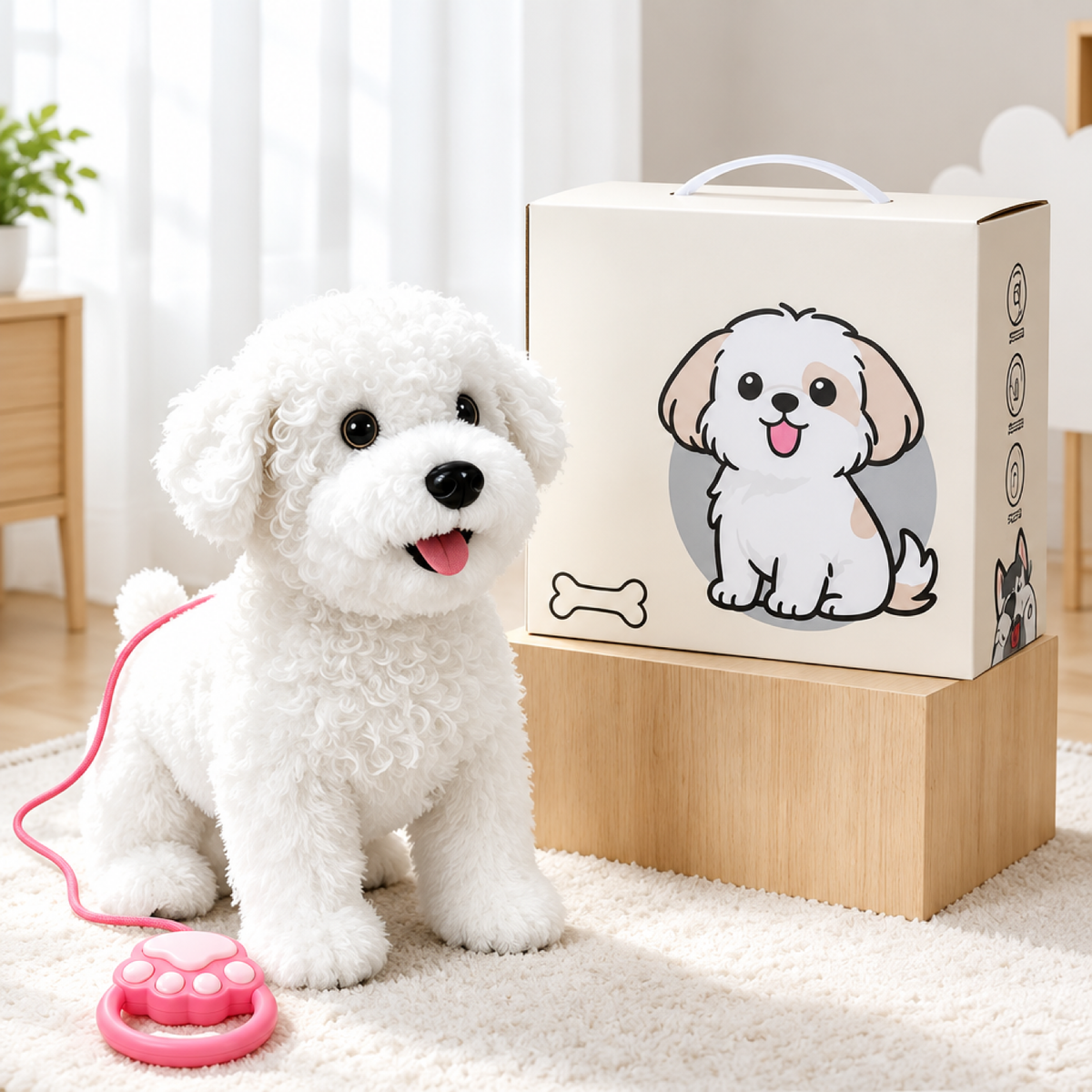 Peluche chien interactive Bichon blanc avec laisse et patte télécommandée