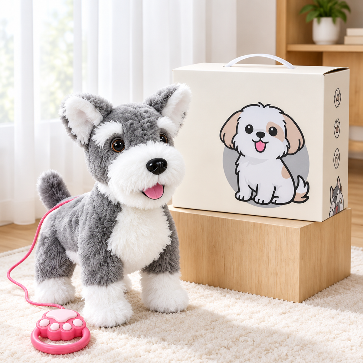 Peluche chien interactive Schnauzer gris avec laisse et patte télécommandée
