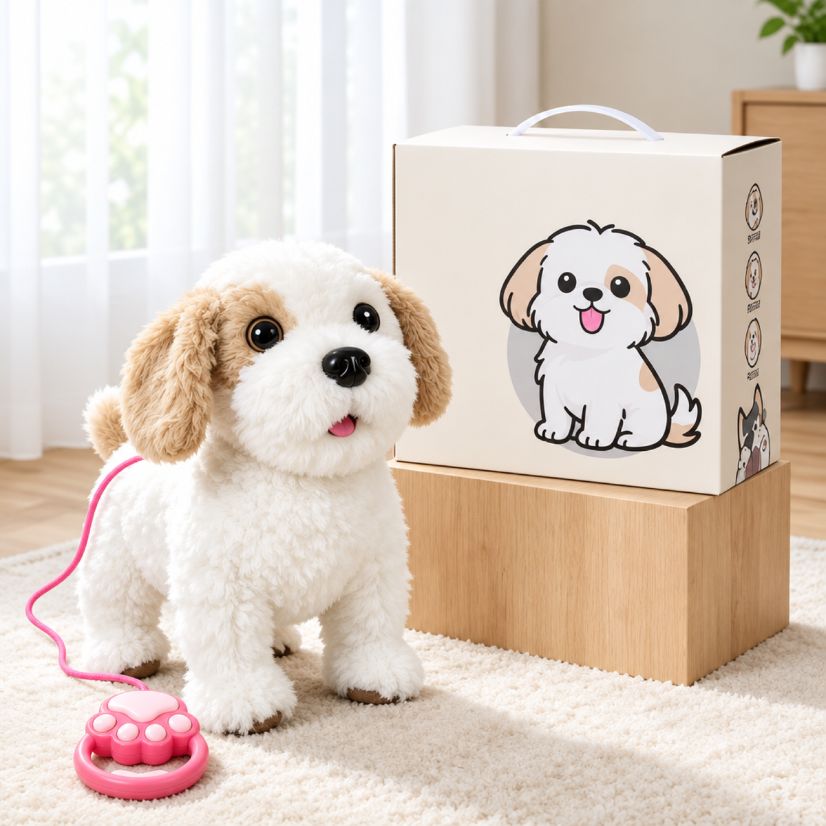 Peluche chien interactive Shih Tzu marron avec laisse et patte télécommandée