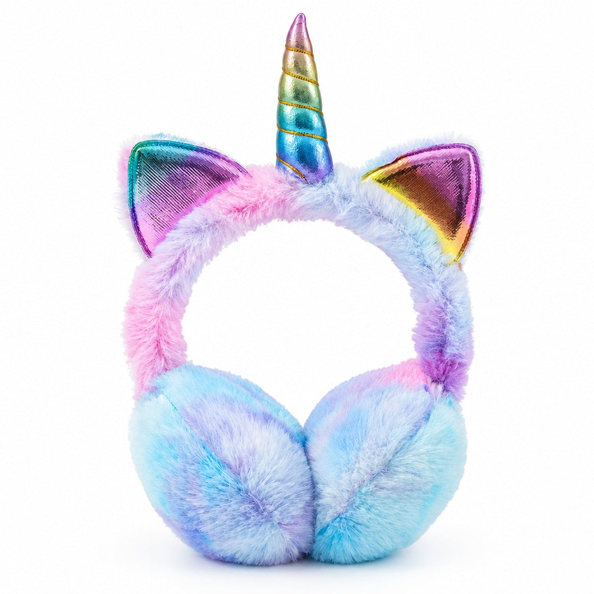 Cache-oreilles en peluche licorne oreilles de chat tie-dye violet, photo produit en studio sur fond blanc