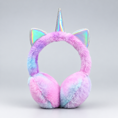 Cache-oreilles licorne en peluche violet pour enfant avec corne irisée, photo produit en studio