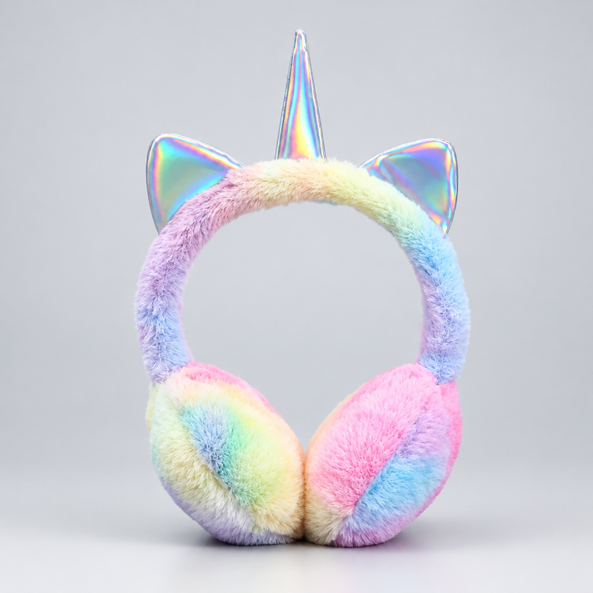 Cache-oreilles licorne en peluche bicolore violet et bleu pour enfant, photo produit en studio