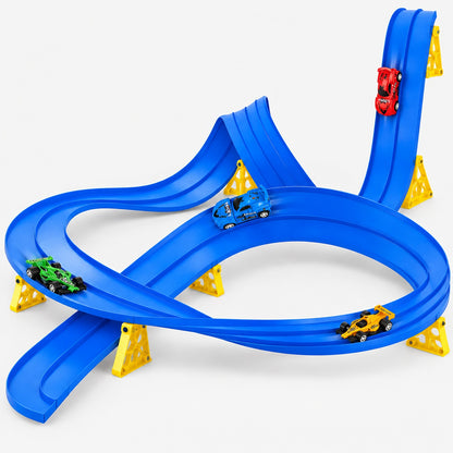 Circuit voiture flexible bleu à gravité avec 4 petites voitures en métal, vue studio