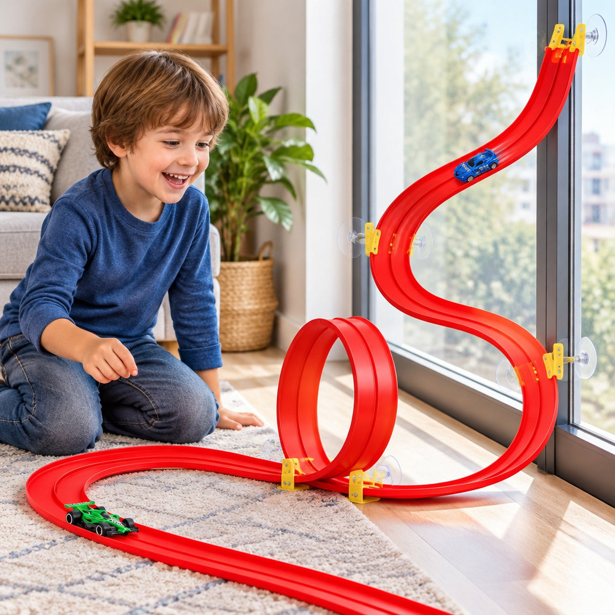 Enfant jouant avec le circuit voiture flexible rouge fixé à la baie vitrée par ventouses