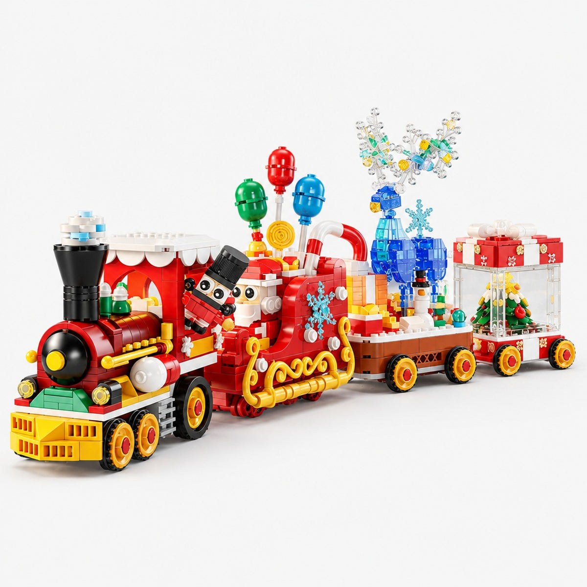 Set de construction train de Noël assemblé : locomotive rouge, Père Noël sur son traîneau, renne et wagon cadeau, fond blanc